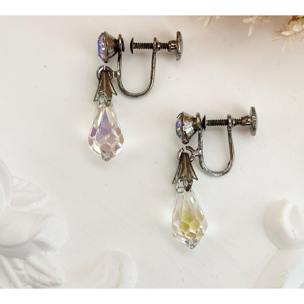 Iridescent Rhinestone Sterling Silver 925 Screw Back Minimalist Vintage Earrings